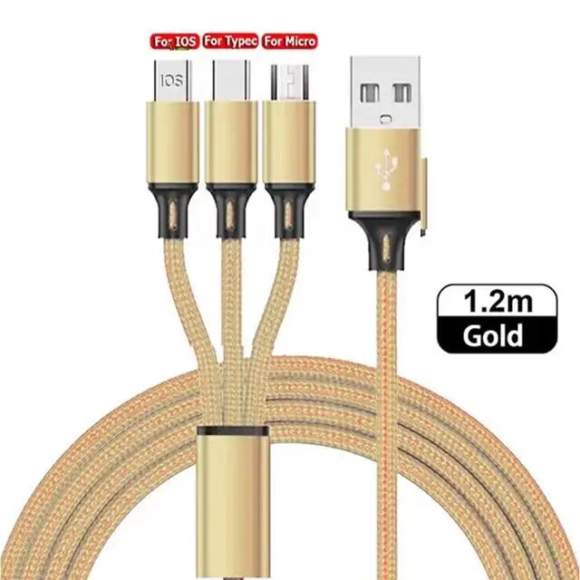 3 In 1 USB Fast Charging Cable Type C Micro IOS Multi Charger Cable for iPhone Huawei Samsung Nylon Braided Cord