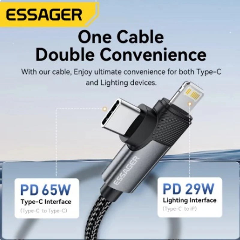 Essager 2 in 1 USB Type C Cable 65W PD Fast Charging Wire Type C To Lightning Cable For iPhone 15 16 Pro Max MacBook iPad Xiaomi