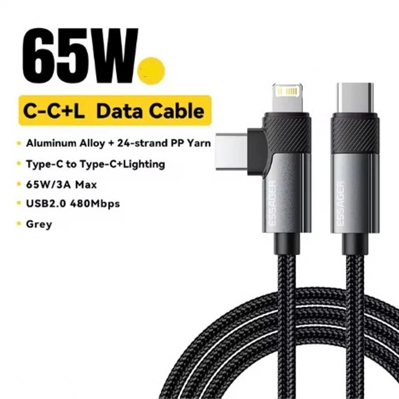 Essager 2 in 1 USB Type C Cable 65W PD Fast Charging Wire Type C To Lightning Cable For iPhone 15 16 Pro Max MacBook iPad Xiaomi