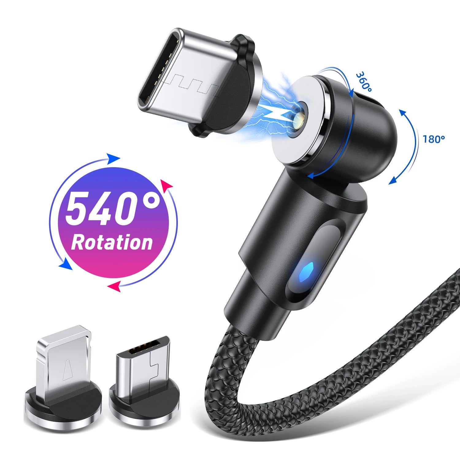 Magnetic Cable Type C Micro USB Cable Phone Charger 540 Degree Rotating Data Cable With LED For iPhone Xiaomi Huawei Samsung